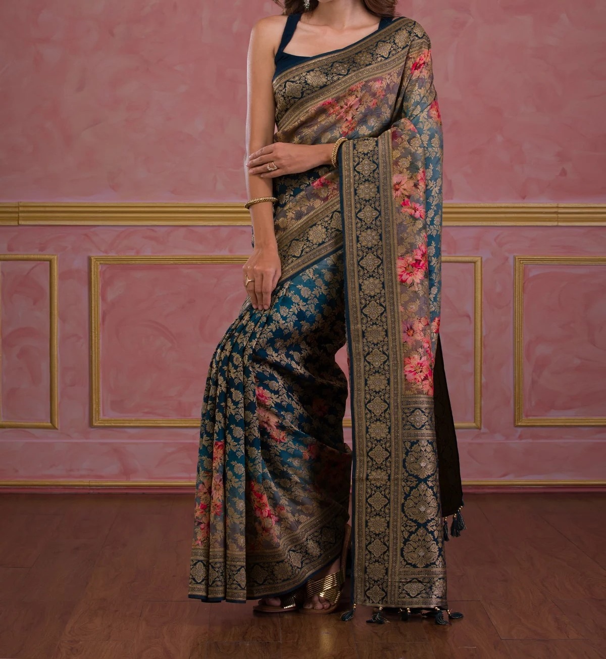 Blue Swarovski Banarasi Silk Saree
